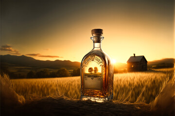 Unbeschriftete Whiskey Alkoholflasche mit Country Landschaft im Hintergrund - obrazy, fototapety, plakaty