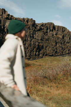 &THORN;ingvellir National Park. Blurred Woman exploring tectonic plates