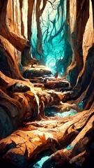 Scene inside the cave with the forest outside illustration Generative AI Content by Midjourney