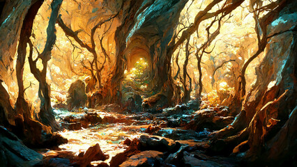 The scene inside the cave the exit is a forest and sky illustration Generative AI Content by Midjourney