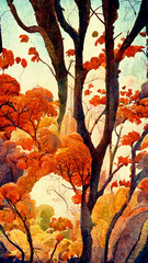 autumn forest in the sunny morning illustration Generative AI Content by Midjourney