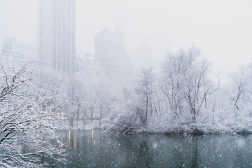 Lake by bare trees in city during snowfall