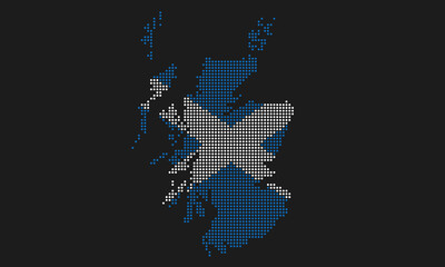 Scotland dotted map flag with grunge texture in mosaic dot style. Abstract pixel vector illustration of a country map with halftone effect for infographic. 