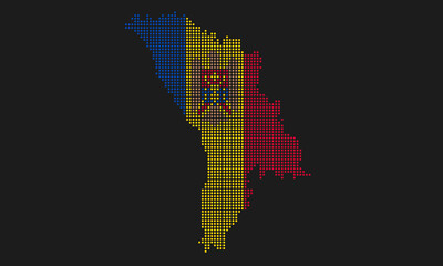 Moldova dotted map flag with grunge texture in mosaic dot style. Abstract pixel vector illustration of a country map with halftone effect for infographic. 