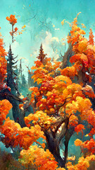 Naklejka na ściany i meble autumn forest in the sunny morning illustration Generative AI Content by Midjourney