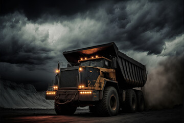 Industrial dark truck in a coal mine. Mineral resources for transportation, creepy black sky.