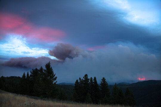 Wildfire at Lolo Peak crowns through trees on edge of Selway-Bitterroot Wilderness in the Lolo National Forest near Missoula, Montana, USA