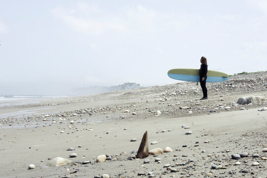 A man with a surfboard checks out the surf.