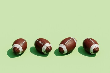 3d Rendering of several oval American football ball on a green.