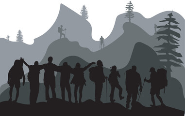Fototapeta na wymiar vector set of Hiker and backpaker adventure diferent style Silhouettes, climbing, camping, mountain, isolated on white background 