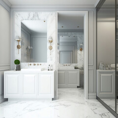 Naklejka na ściany i meble Luxury premium rich style master small bathroom or beauty salon. Large vertical mirror. 3d render