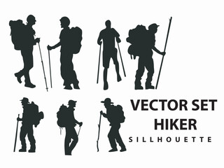 vector set of Hiker and backpaker adventure diferent style Silhouettes, climbing, camping, mountain, isolated on white background 