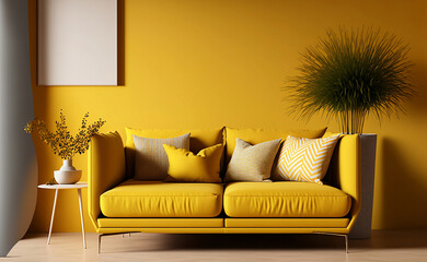 Bright vibrant living room - yellow background. Mustard furniture in interior design room. Large corner sofa. Mockup for art. 3d rendering