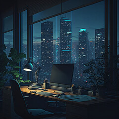 Modern workspace in  the night with city view