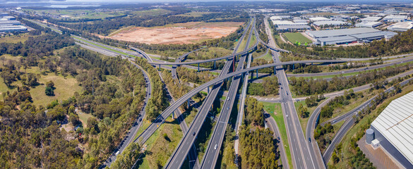 Panoramic aerial drone view of the Light Horse Interchange in Sydney, NSW Australia at the junction of the M4 Western Motorway and the Westlink M7