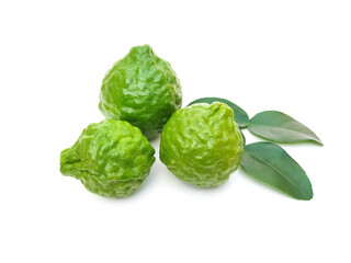 Fresh organic kaffir lime green, rough skin, kaffir lime has many uses. commonly used as a shampoo Or kaffir lime skin can be used as an ingredient in food. put on a white background.