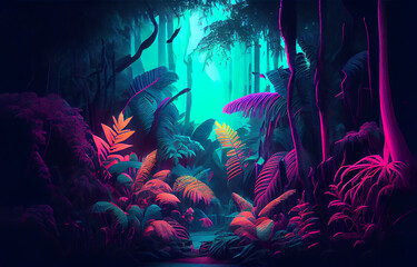 Fototapeta na wymiar Tropical leaf forest glow in the black light neon background. Generative AI.