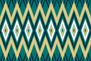 Ethnic Local ikat Fabric Pattern Geometric Shapes, Colors, Deep Lake Green Background, Contrasting With Yellow, White Can be Used to Cut Textile Fashion Design Clothes, Bed Sheets, Pillow Cases, 