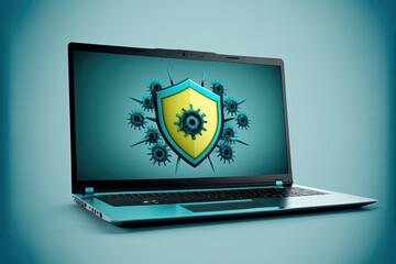 Antivirus shield on laptop screen, blue background. Generative AI