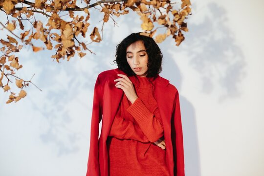 Fall fashion portrait of  woman in red clothes