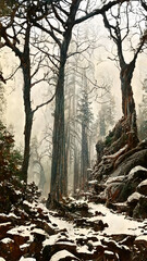 Obraz premium Panorama of foggy forest. in a misty day illustration Generative AI Content by Midjourney