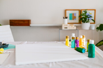 Blank canvas and painting material indoor