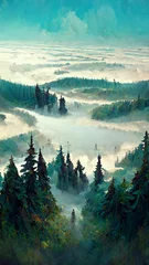 Photo sur Aluminium Forêt dans le brouillard Panorama of foggy forest. in a misty day illustration Generative AI Content by Midjourney