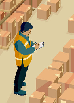 Man making notes near carton boxes