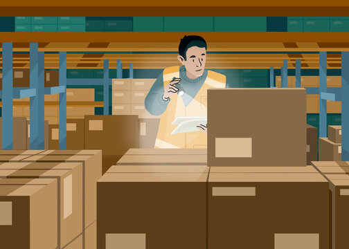 Man searching for box in warehouse