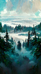 Panorama of foggy forest. in a misty day illustration Generative AI Content by Midjourney
