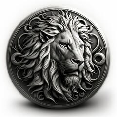 Emblem illustration, lion amulet in silver circle, logo, white background. Generative AI