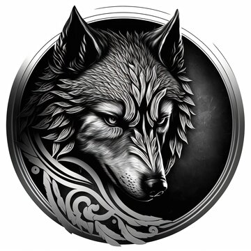 Emblem illustration, wolf amulet in silver circle, logo, white background. Generative AI