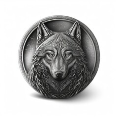 Emblem illustration, wolf amulet in silver circle, logo, white background. Generative AI