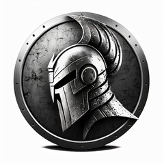 Spartan helmet emblem illustration in silver circle, logo, white background. Generative AI