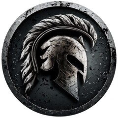 Spartan helmet emblem illustration in silver circle, logo, white background. Generative AI - obrazy, fototapety, plakaty