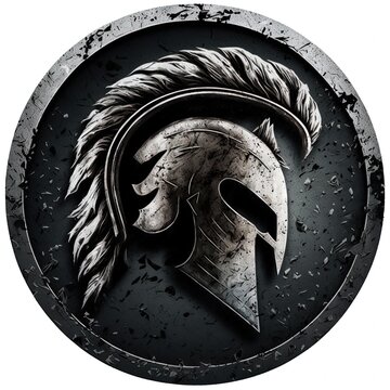 Spartan helmet emblem illustration in silver circle, logo, white background. Generative AI