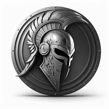 Spartan helmet emblem illustration in silver circle, logo, white background. Generative AI