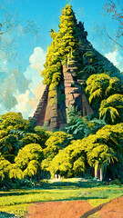 statues and pyramid. summer landscape with tropical forest illustration Generative AI Content by Midjourney