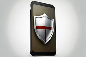 Illustration of antivirus shield on smartphone screen on white background. Generative AI