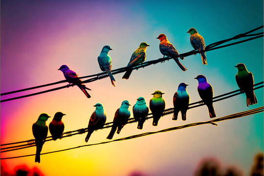 birds on a telephone wire impression painting in bright colors