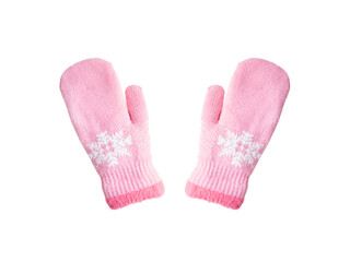pair of pink knitted mittens with a snowflake pattern on a white background