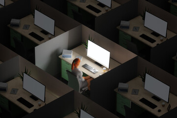 3D work concept - woman on desk looking at computer screen