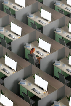 3D work concept - woman on desk looking at computer screen