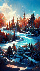 winter forest in the sunny morning illustration Generative AI Content by Midjourney