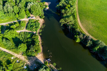Aerial view of the river with wild beaches and vacationers