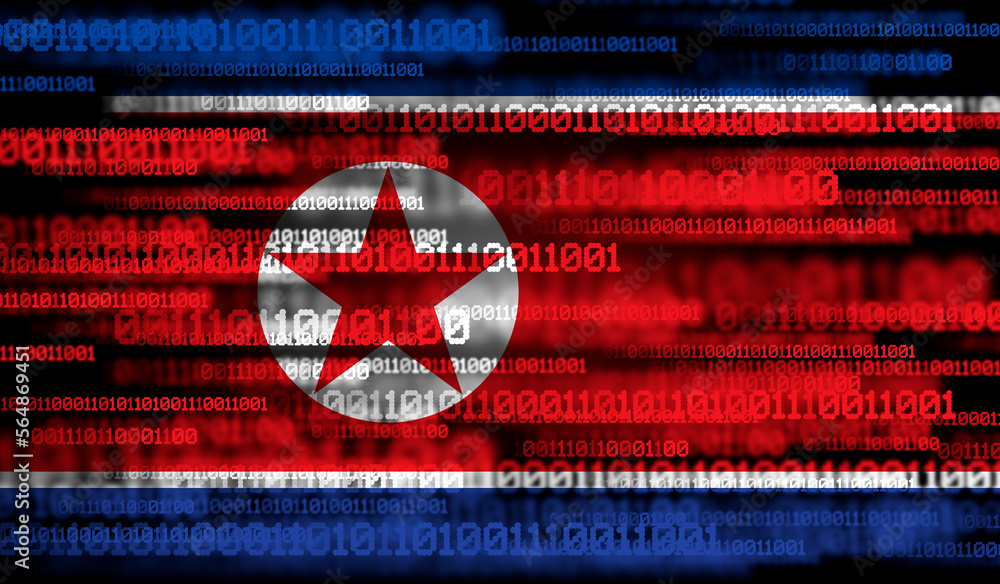Poster flag of north korea on binary code. modern technology concept
