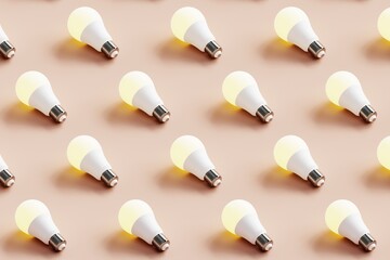 Many light bulbs on a pastel background. Concept 3d illustration.