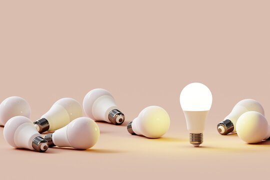Fototapeta Many light bulbs on a pastel background. Concept 3d illustration.