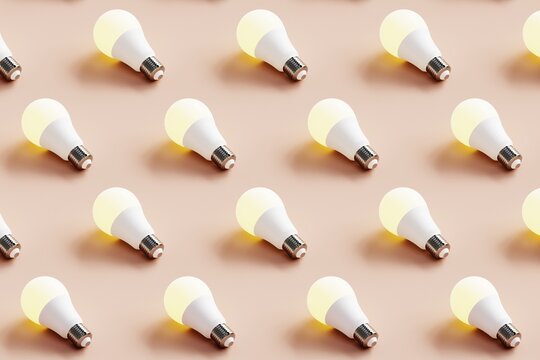 Many light bulbs on a pastel background. Concept 3d illustration.