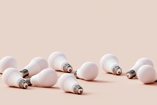 Many light bulbs on a pastel background. Concept 3d illustration.